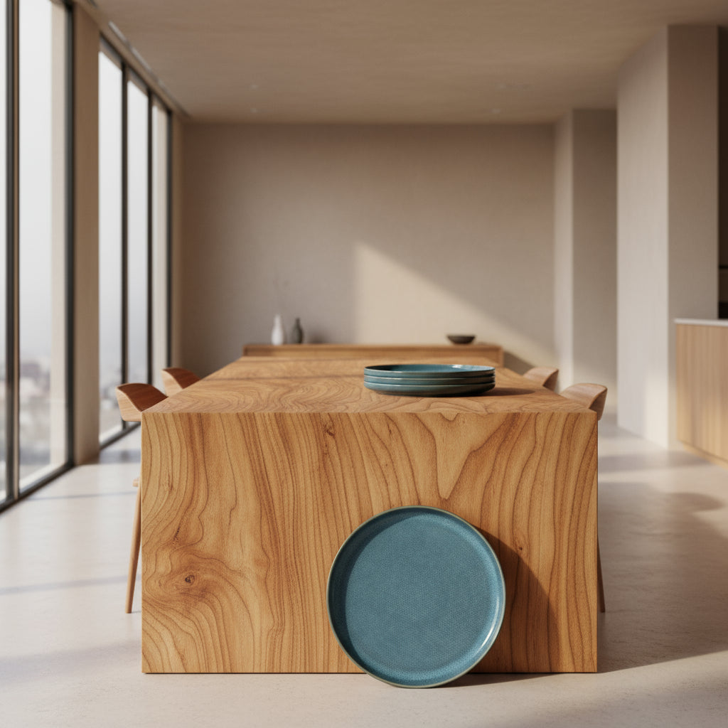 Set of four blue ceramic plates on a white background