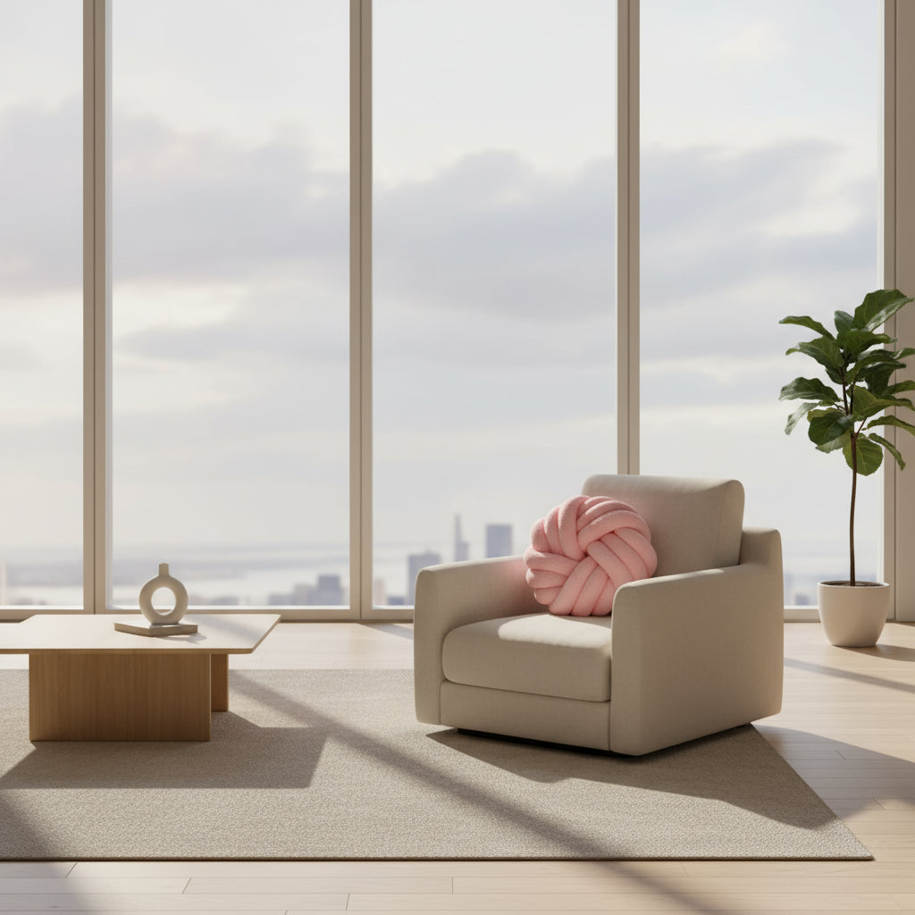 Pink knitted pillow on a neutral background