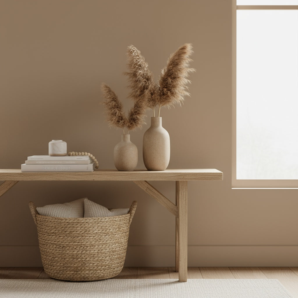 Minimalist interior with wooden table, woven basket, and decorative vases against a beige wall.