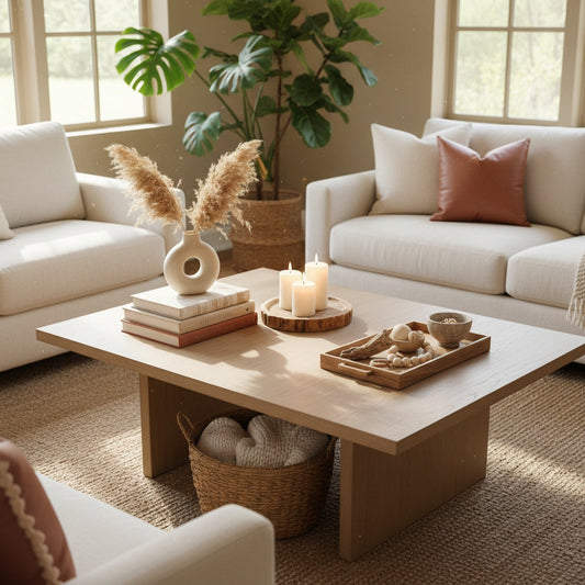 Styled coffee table with books, candles, dried pampas grass, and decorative objects