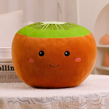 Plush toy shaped like a kiwi with a smiling face on a surface.
