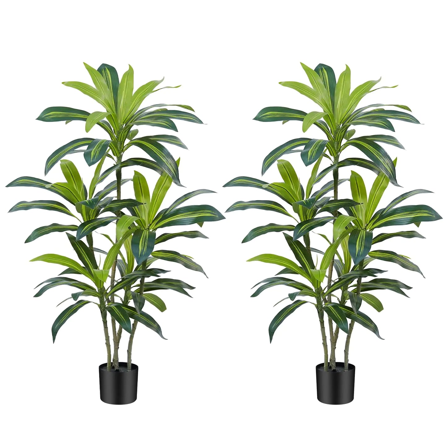 Two artificial plants with green leaves in black pots on a white background