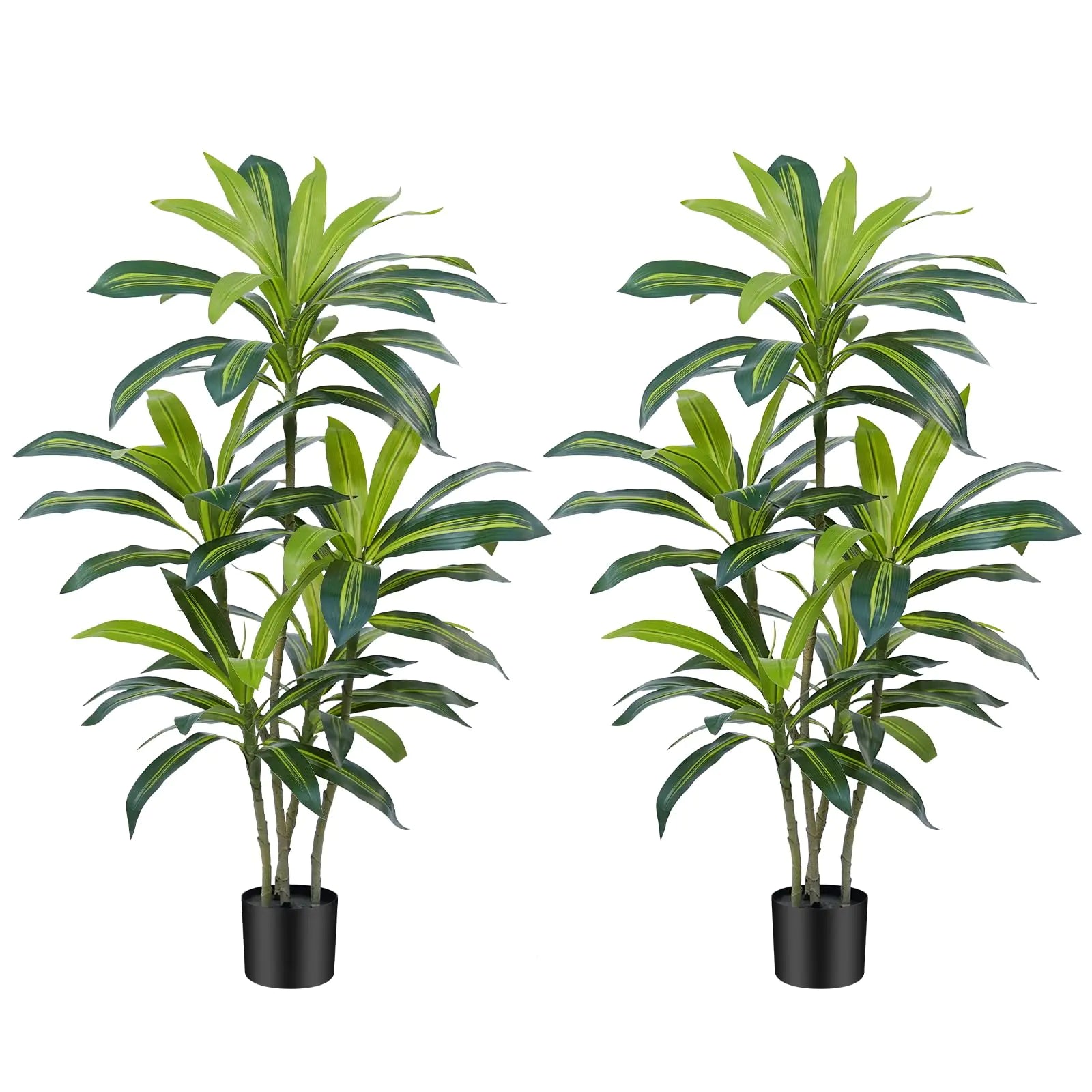 Two artificial plants with green leaves in black pots on a white background