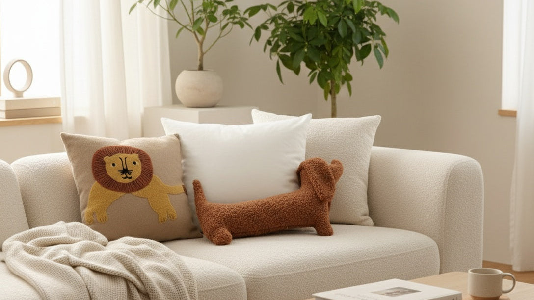 Cute plush dachshund pillow in brown boucle fabric on cream sofa in Scandinavian living room - ultra-soft elongated dog pillow for modern home decor