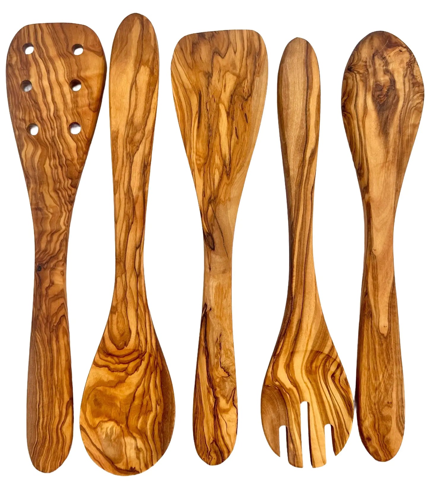 Handcrafted Olive Wood Kitchen Utensil Set - 5 Piece Natural Serving Tools