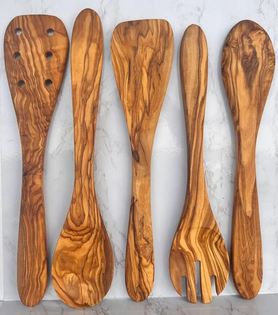 Handcrafted Olive Wood Kitchen Utensil Set - 5 Piece Natural Serving Tools