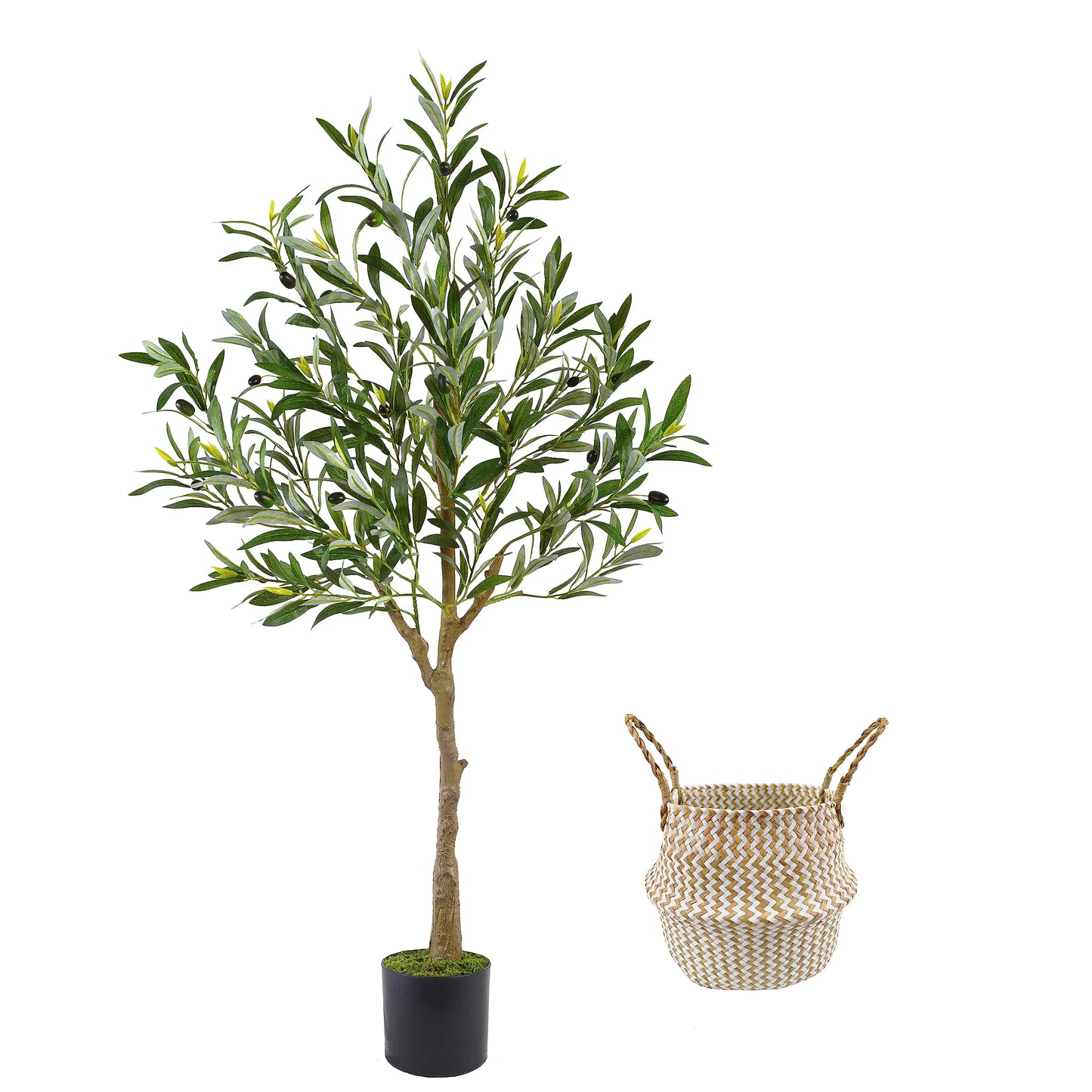 Potted artificial olive tree with a woven basket on a white background