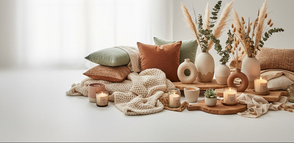 Decorative setting with pillows, candles, and plants on a light surface.