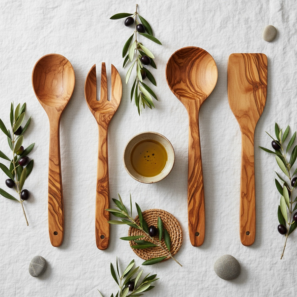 Handcrafted Olive Wood Kitchen Utensil Set - 5 Piece Natural Serving Tools