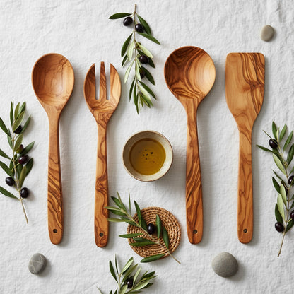 Handcrafted Olive Wood Kitchen Utensil Set - 5 Piece Natural Serving Tools