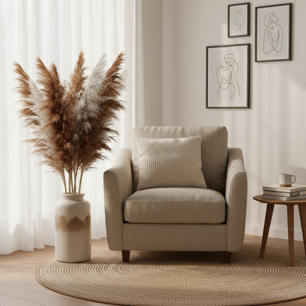 Beige armchair in a living room with pampas grass in a vase and framed art on the wall.