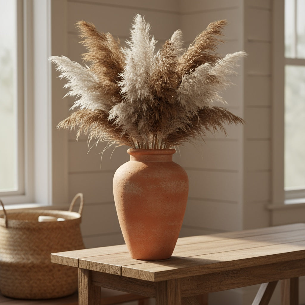 Terracotta vase with pampas grass on a wooden table in a bright room.