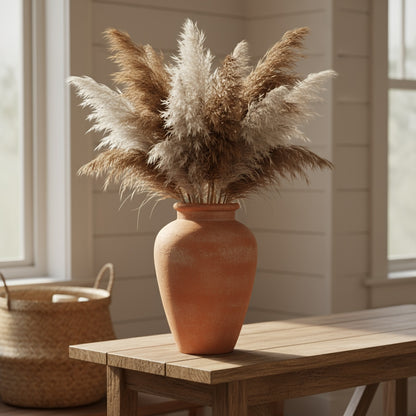 Terracotta vase with pampas grass on a wooden table in a bright room.