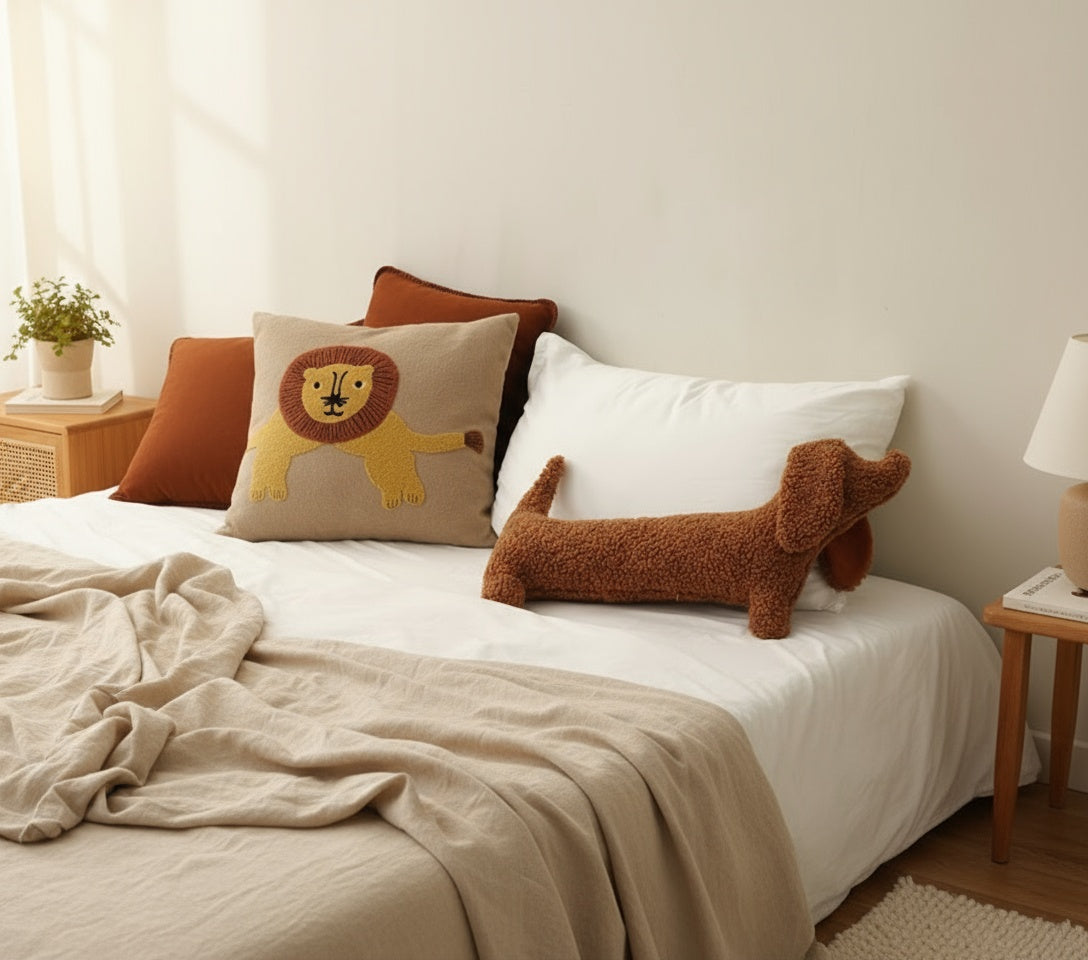 Brown dachshund pillow 50x30cm on neutral bedding - ultra-soft plush dog pillow for cozy bedroom decor and comfortable sleeping