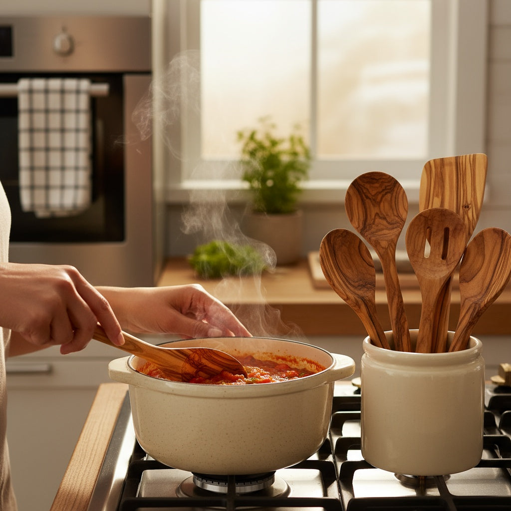 Handcrafted Olive Wood Kitchen Utensil Set - 5 Piece Natural Serving Tools