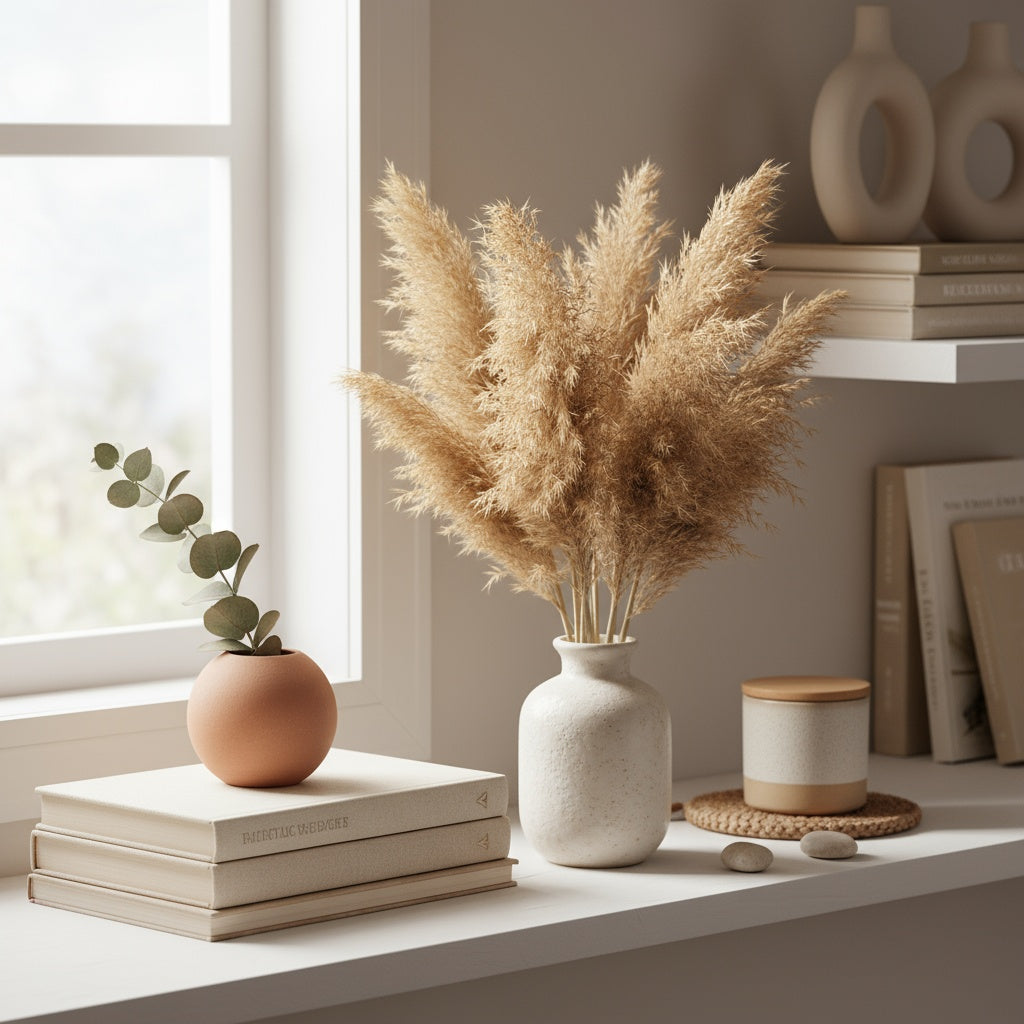 17-inch Beige Boho Pampas Grass Bundle - Natural Dried Floral Decor for Home