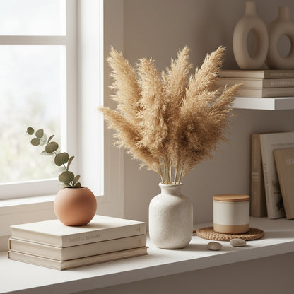 17-inch Beige Boho Pampas Grass Bundle - Natural Dried Floral Decor for Home