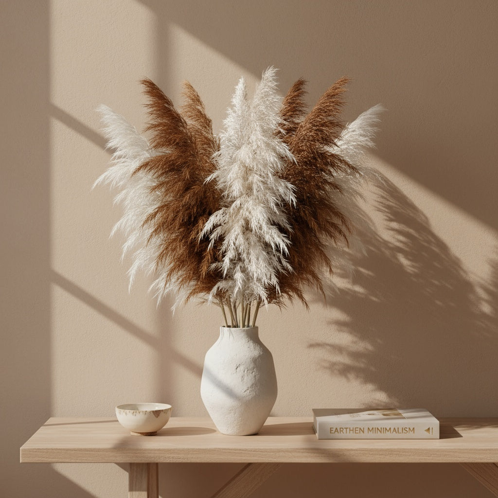 White vase with pampas grass on a wooden shelf against a beige wall
