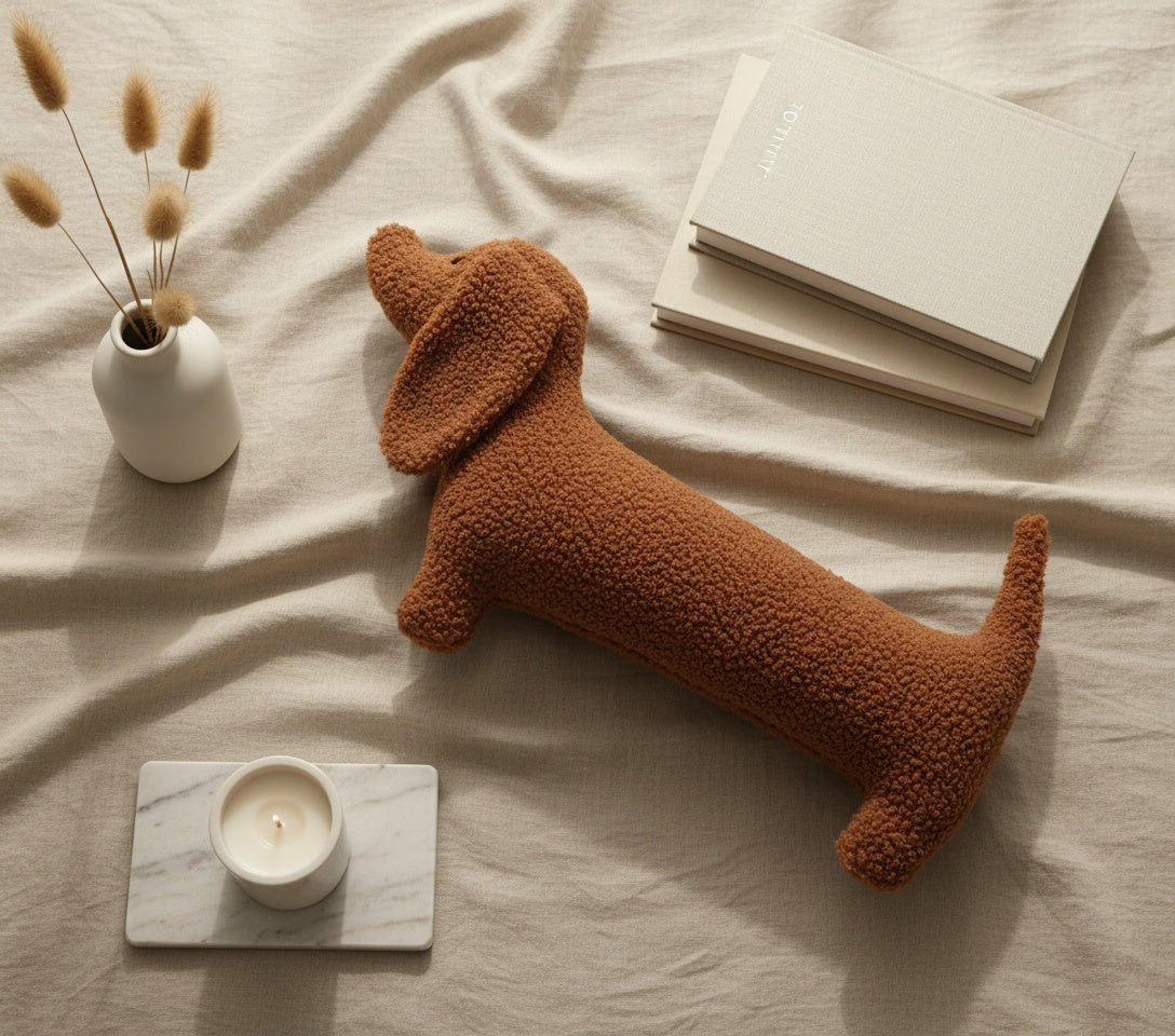 Cute animal pillow flat-lay with pampas grass and candles - brown boucle dachshund pillow for stylish home decor and interior design