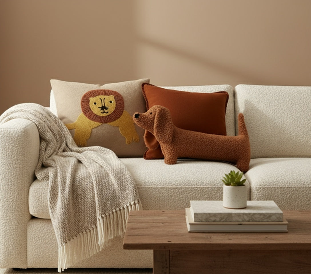 Elongated dachshund pillow 50x30cm styled with home decor items - plush dog pillow size reference for living room styling