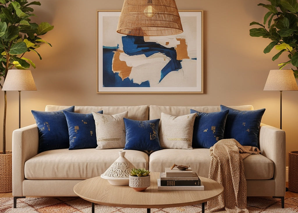 Cozy living room with a beige sofa, blue and white pillows, and a round wooden coffee table.
