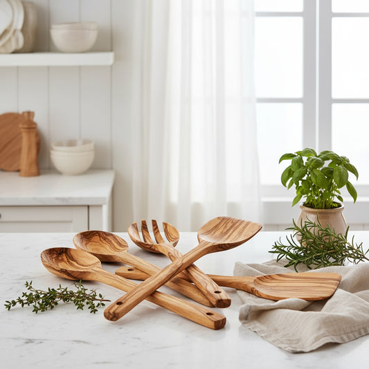 Handcrafted Olive Wood Kitchen Utensil Set - 5 Piece Natural Serving Tools