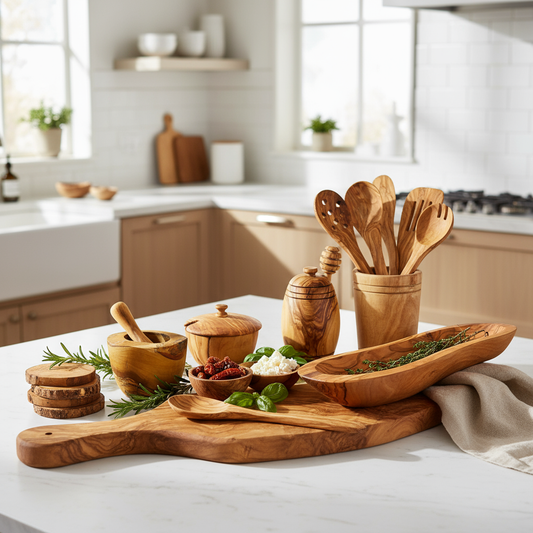 Mediterranean Olive Wood Kitchen Collection - Styled with Ingredients