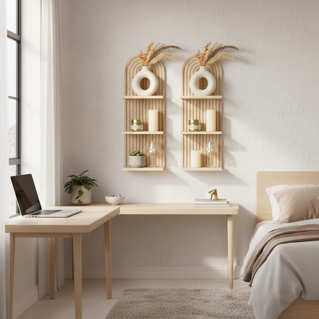 Mid-Century Boho Arch Floating Shelves - Bedroom