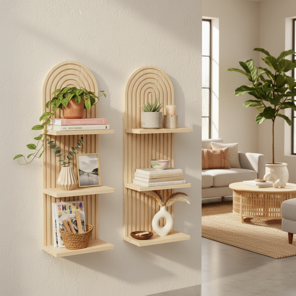 Mid-Century Boho Arch Floating Shelves - Living Room