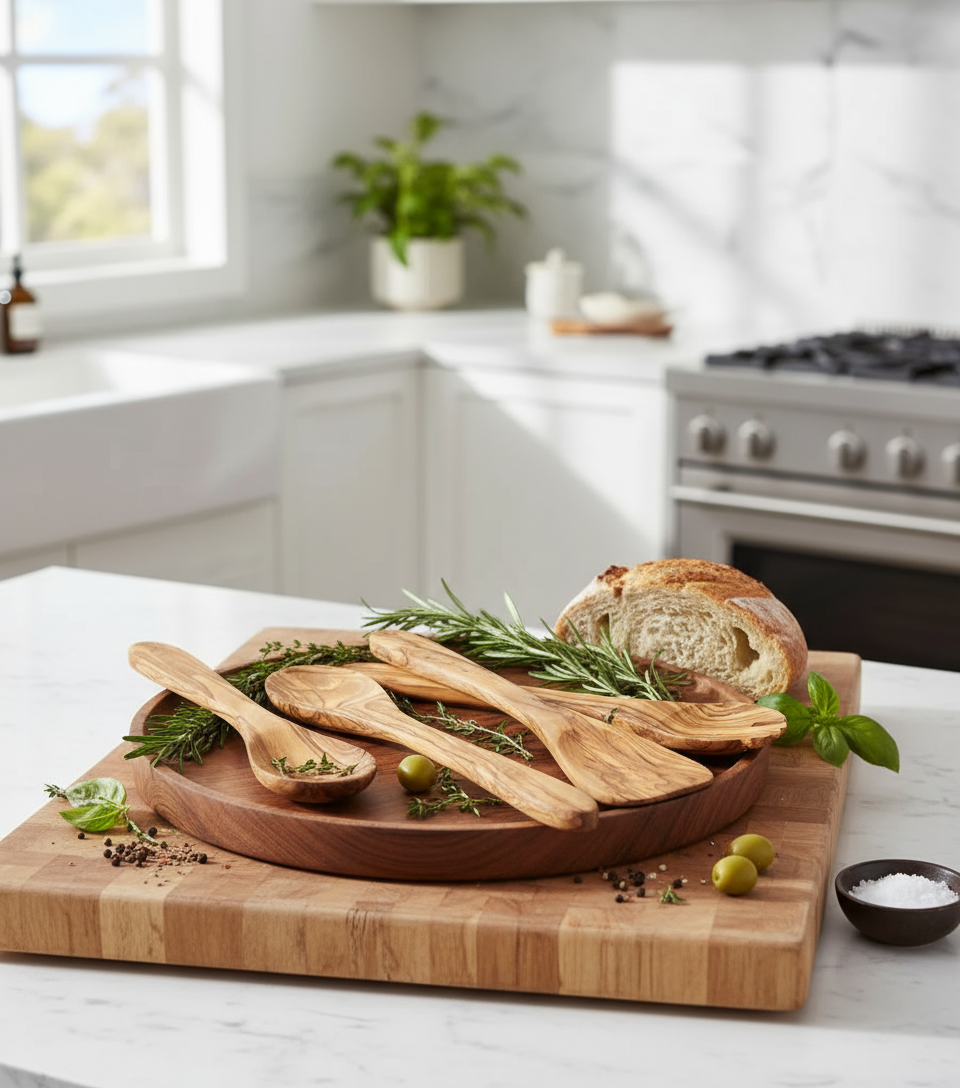 Olive Wood Kitchen Servers Set - Styled Display